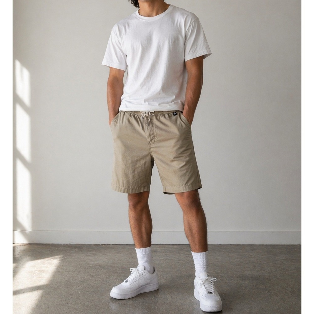 RSQ Mens Khaki Chino Shorts Elastic Waist Drawstring Tan Casual Summer Size M